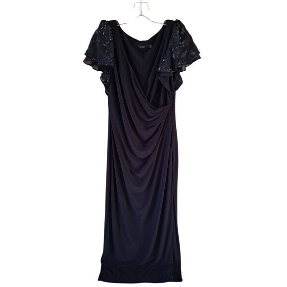 Lauren Ralph Lauren Dresses & Skirts - Lauren Ralph Lauren Black Gown Sequined Flutter Sleeves Size 14 Draped Women's